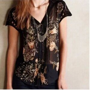 Anthropologie Meadow Rue Sheer Floral Blouse Black Lace Cap Sleeve Size S